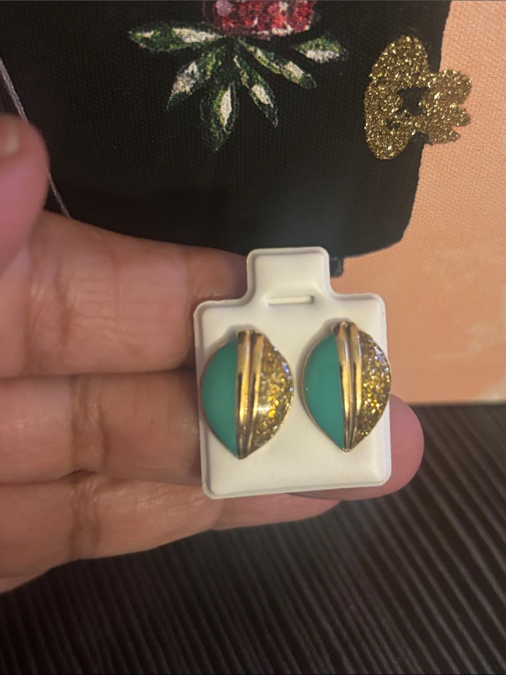 Gold-Tone Earrings with Turquoise Enamel and Pavé Accent